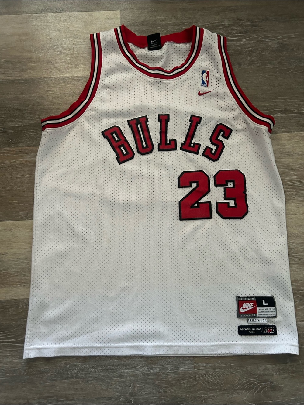 Nike White and Red Bulls #23 Basketball Jersey